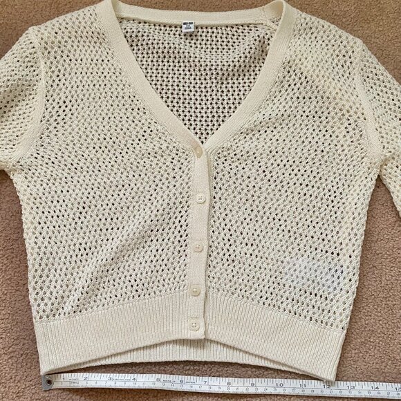 Uniqlo Women's XXS Mesh V-Neck Short Cardigan Sheer Off White Cream Linen - Picture 7 of 12